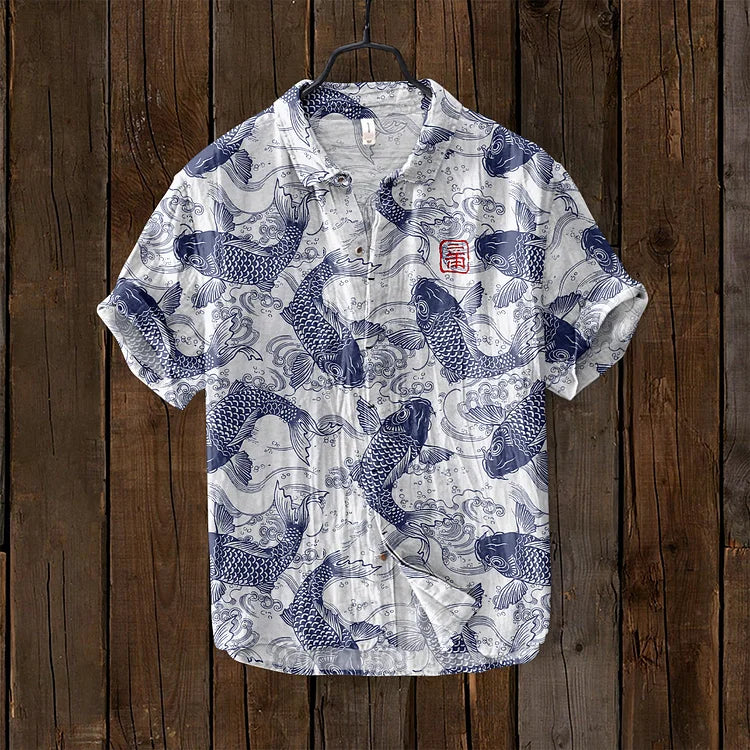 Agatha - Vintage Fish Japanese Art Linen Blend Shirt