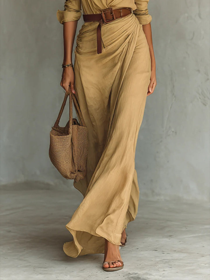 Long Belted Dress With Long Sleeves And Lapels